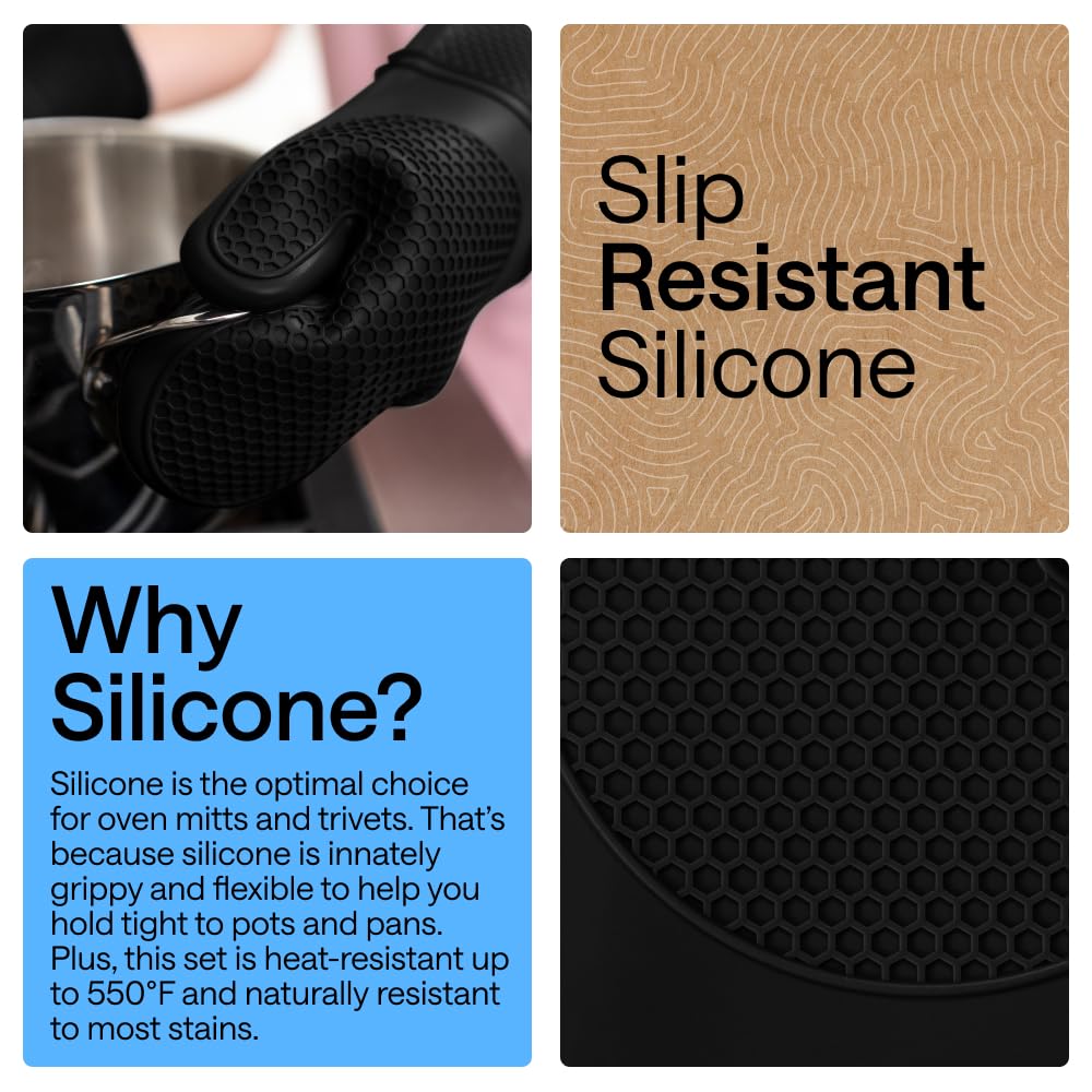 GORILLA GRIP BPA-Free Soft Silicone Oven Mitts and Pot Holders Sets of 4, Heat Resistant Waterproof Cooking Gloves, Thick Cotton Lining, Flexible Gripping for Baking Grilling, Kitchen Trivets, Black