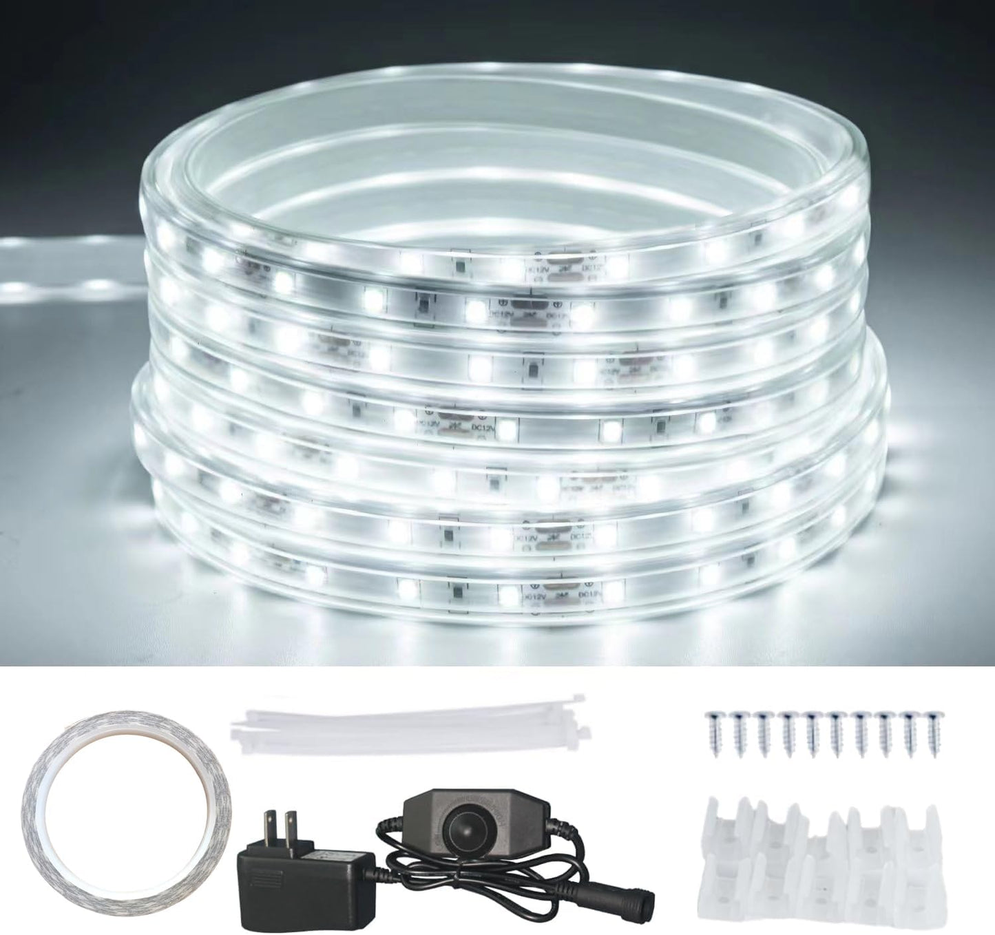 20FT 12V IP65 White Rope Lights Outdoor, Waterproof Led Rope Lights Indoor Cuttable, Flexible Led Strip Lights Cuttable