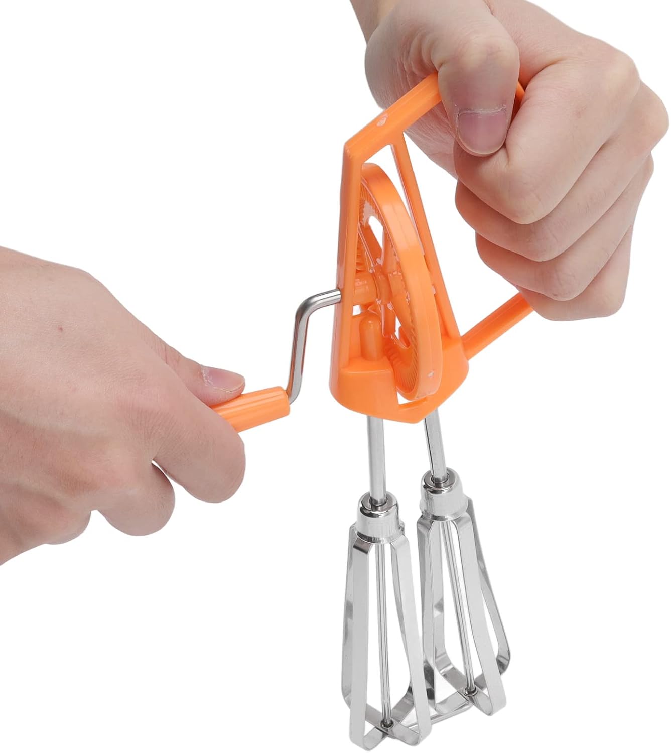 Classic Hand Crank 18/10 Stainless Steel Churner - Dual Head Design, Manual Hand Mixer for Home Cooking (Orange)
