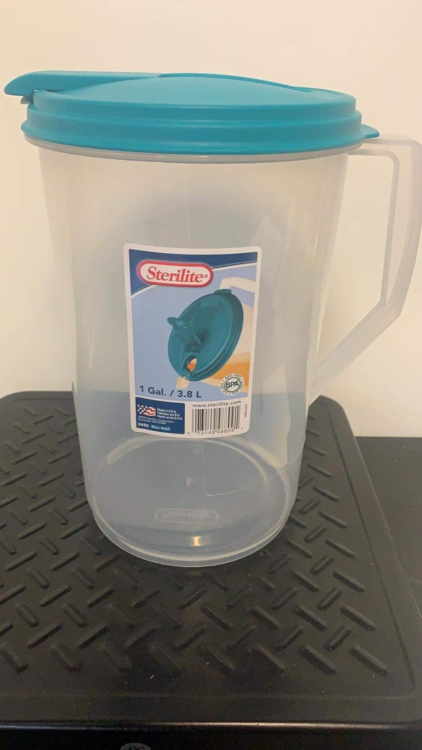 Sterilite 0488 One-Gallon Round Pitcher - Clear Base with Blue-Atoll Lid