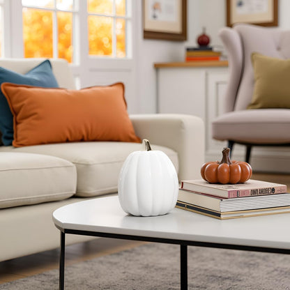 Pearhead Ceramic Pumpkin Fall Decor with Gold Stem, White