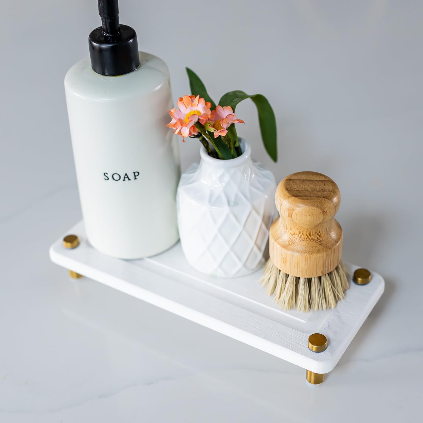 Fast Drying Stone Sink Caddy Made of Diatomaceous Earth | Water Absorbing Stone Tray for Bathroom | Instant Dry Sponge Holder for Kitchen Sink New Longer Size (Marble print on white diatom)