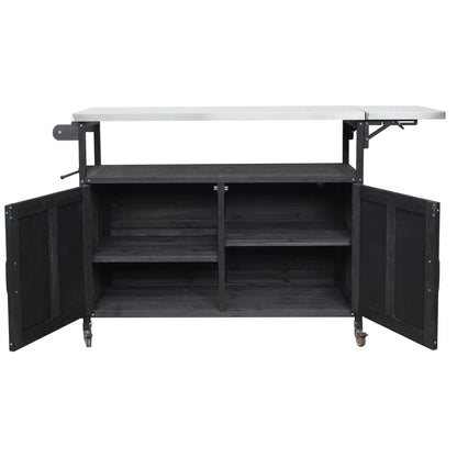 Outdoor Kitchen Island Cart with Foldable Stainless Steel Top, Rolling Grill Table with Adjustable Shelf Storage Spice Rack and Towel Holder, Wooden BBQ Prep Station with Lockable Wheels, Black