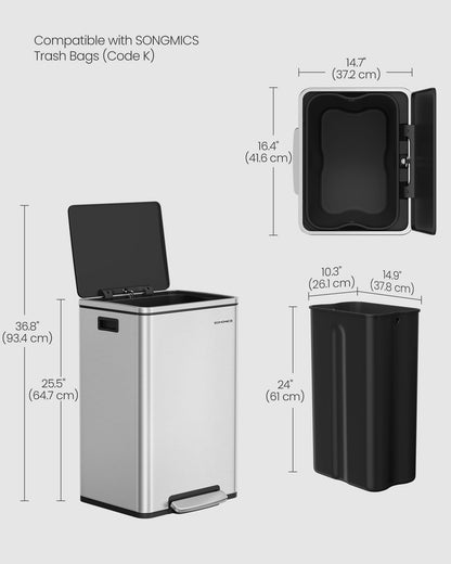 SONGMICS Trash Can, 13-Gallon Gabbage Can, with 15 Trash Bags, Stainless Steel, with Soft-Close Lid, Removable Inner Bucket, Handles, Silver ULTB595E01