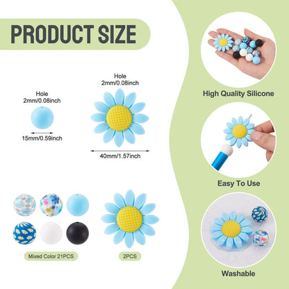 Bestewelry 23Pcs Spring Summer Theme Sunflower Silicone Focal Beads Turquoise Daisy Silicone Beads 15mm Round Rubber Bead for Pen Keychain Making Bracelet Necklace Making DIY Craft