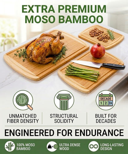 Greener Chef Luxury XL Bamboo Cutting Board Set of 3 with Vertical Grain Strength Technology - Extra Large Wood Cutting Boards for Kitchen and Lightweight Chopping Board Set - Replacements for Life