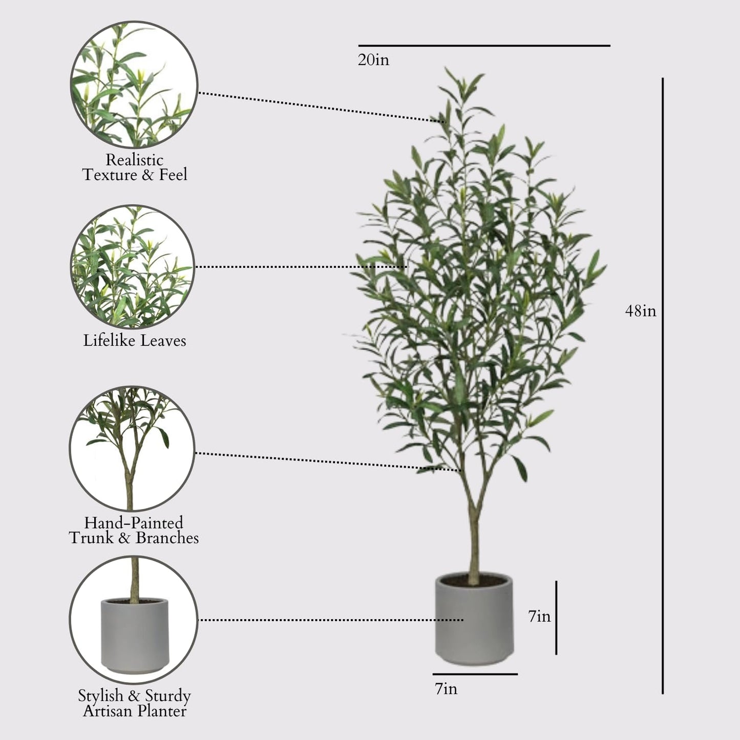 CG Hunter Faux Fruitless Olive Tree, Premium Artificial Indoor Tree Stands 4' Tall, Lifelike-Leaves & Hand Painted Trunk, Planter Pot Included