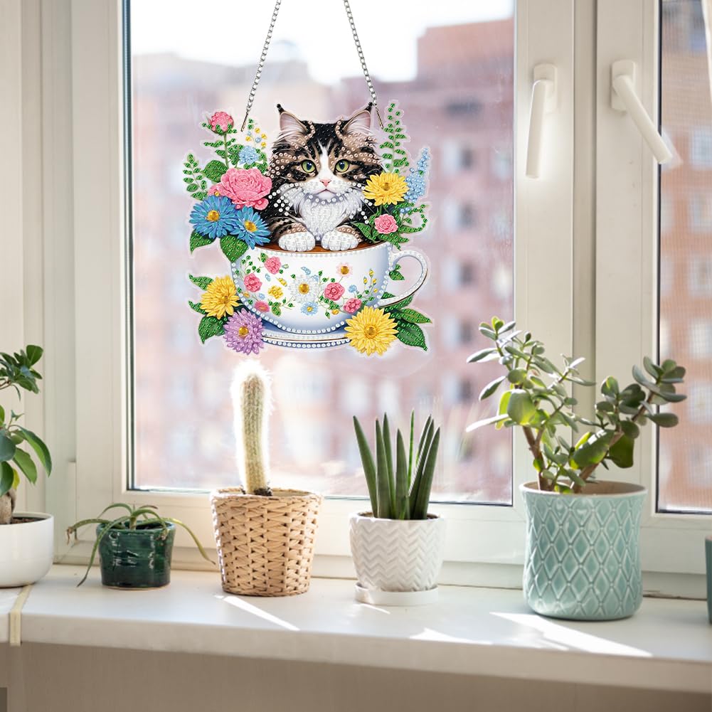 POETRYDRAW DIY Hanging Diamond Art Pendant Kit Flower Cup Cat, Special Crystal Acrylic Diamonds Painting Ornament for Adults, 5D Diamond Art Suncatchers Gem Painting Box Kit