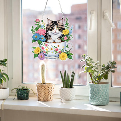 POETRYDRAW DIY Hanging Diamond Art Pendant Kit Flower Cup Cat, Special Crystal Acrylic Diamonds Painting Ornament for Adults, 5D Diamond Art Suncatchers Gem Painting Box Kit