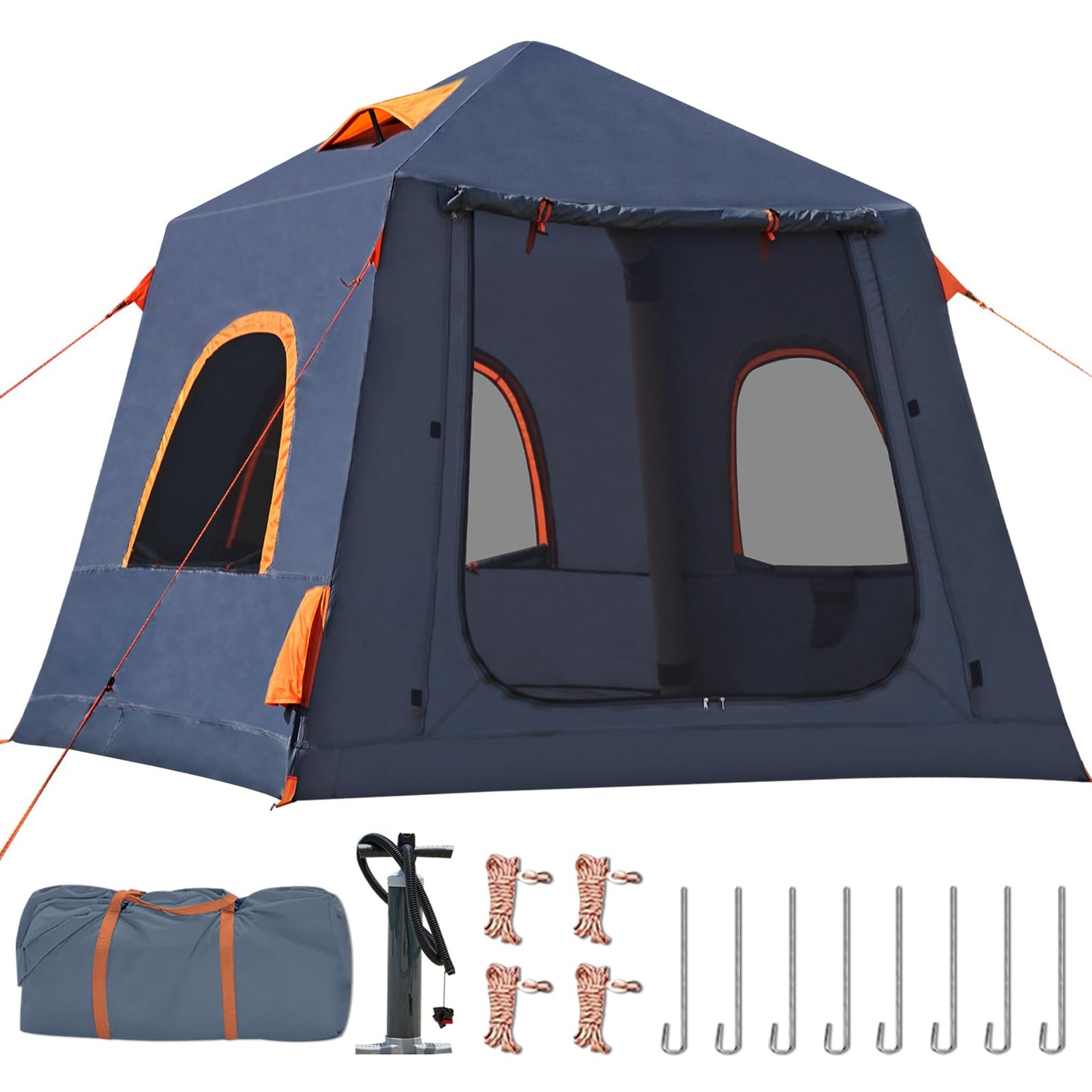 2-3 Person Inflatable Glamping Tent,Easy Set up with Hand Air Pump, Waterproof Blow Up Tent for Adults, Portable Outdoor for Hiking/Backpacking/Fishing，Grey