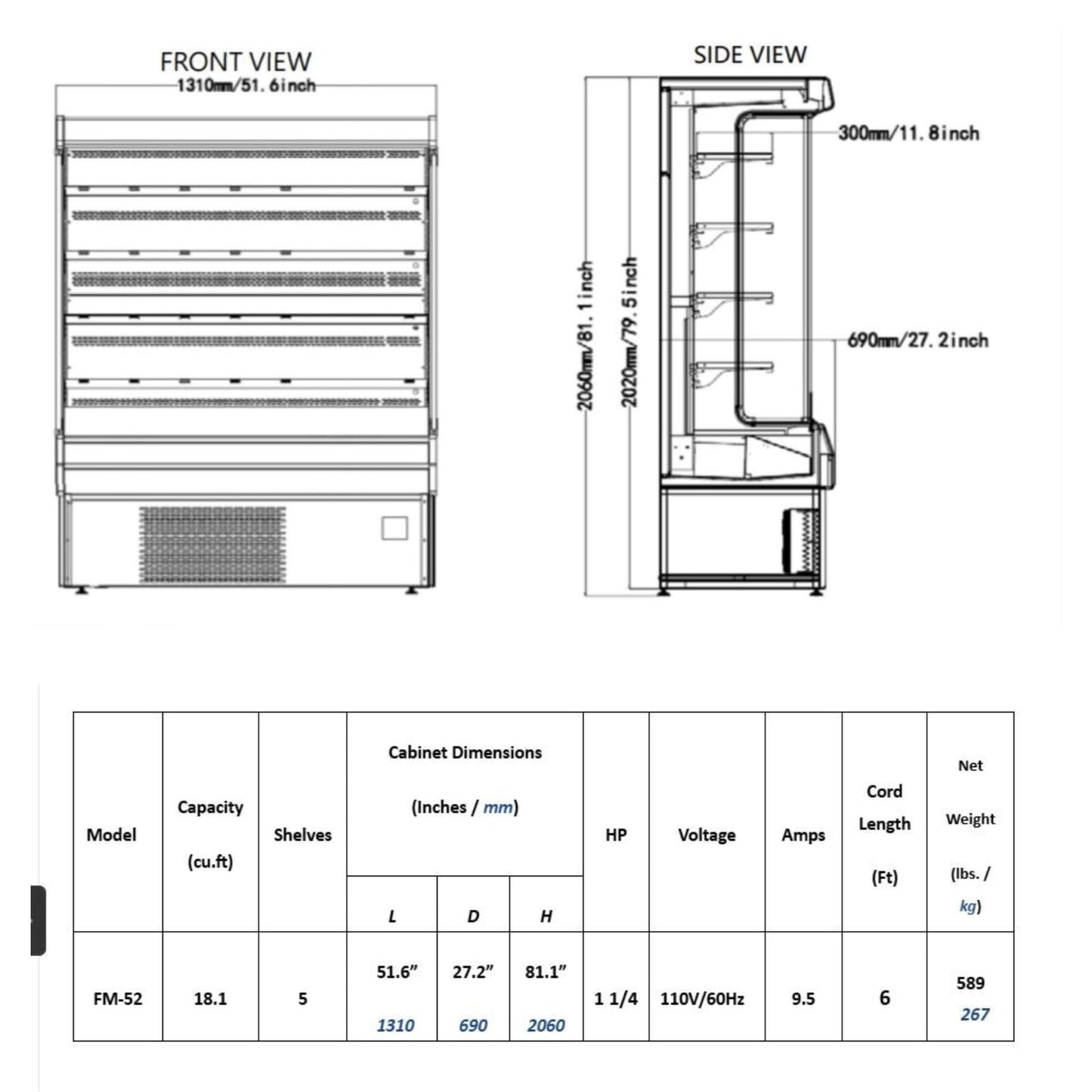 FRICOOL 52" Display Refrigerators Open Air Food Refrigerated Display Case for Commercial Bakery Pastry Refrigerated Upright Display Cooler Case for Stores, Supermarkets, Bar, Shops, 36~41℉, Black