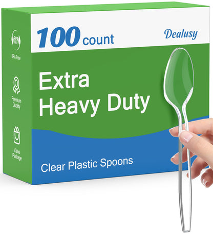 Dealusy 100 Count Clear Plastic Spoons Disposable, BPA-Free, Heat Resistant, Solid and Durable Disposable Spoons Heavy Duty Bulk, Premium Spoons plastic disposable for Party Supply
