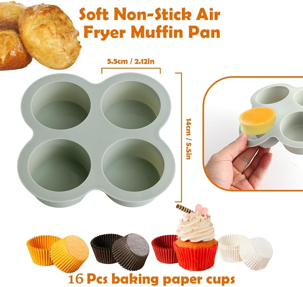 2 Pcs Silicone Muffin Pans for Baking, Non-Stick Food-Grade Air Fryer Liners with 16 Disposable Paper Coated Cups