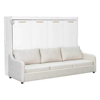 Bellemave Full Size Murphy Bed with Sofa, Cabinet Bed with Storage Shelves and LED Light, Farmhouse Murphy Cabinet with Folding Sofa, Noisy Free, for Guest Bedroom, Living Room, Office, Beige