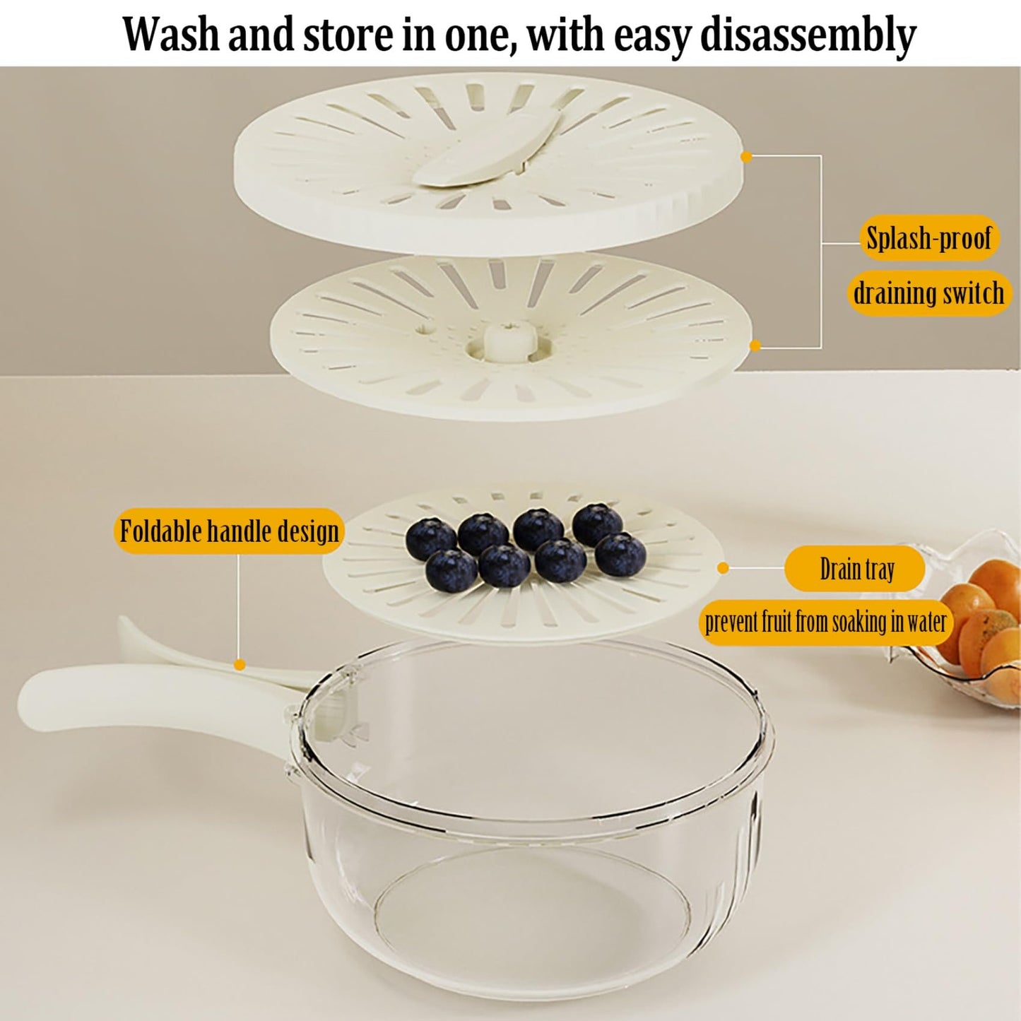 Kitchen Fruit Drainage Basket, Multifunctional Drainage Bowl, Fruit and Vegetable Washing Bowl with Lid, Kitchen Dual-Layer Draining Basket with Foldable Handle Portable 6.1" Fruit Strainer Brown