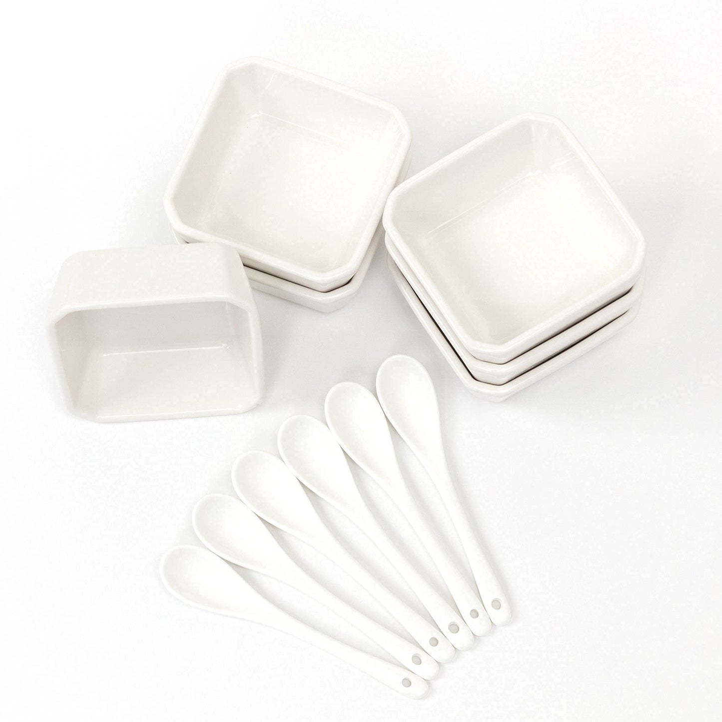 FAMHH 6 Oz White Porcelain Serving Bowls Set – 6 Small Bowls and 6 Serving Spoons – Sturdy, Oven- and Dishwasher-Safe Ceramic Condiment Cups for Sauces, Desserts and Appetizers