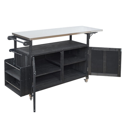 Outdoor Kitchen Island Cart with Foldable Stainless Steel Top, Rolling Grill Table with Adjustable Shelf Storage Spice Rack and Towel Holder, Wooden BBQ Prep Station with Lockable Wheels, Black