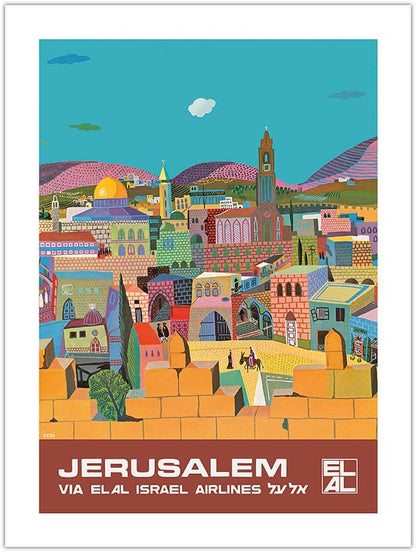 Vintage Airline Travel Poster - Jerusalem Israel via El Al Airlines by Peri Rosenfeld c.1970s, 12x16in