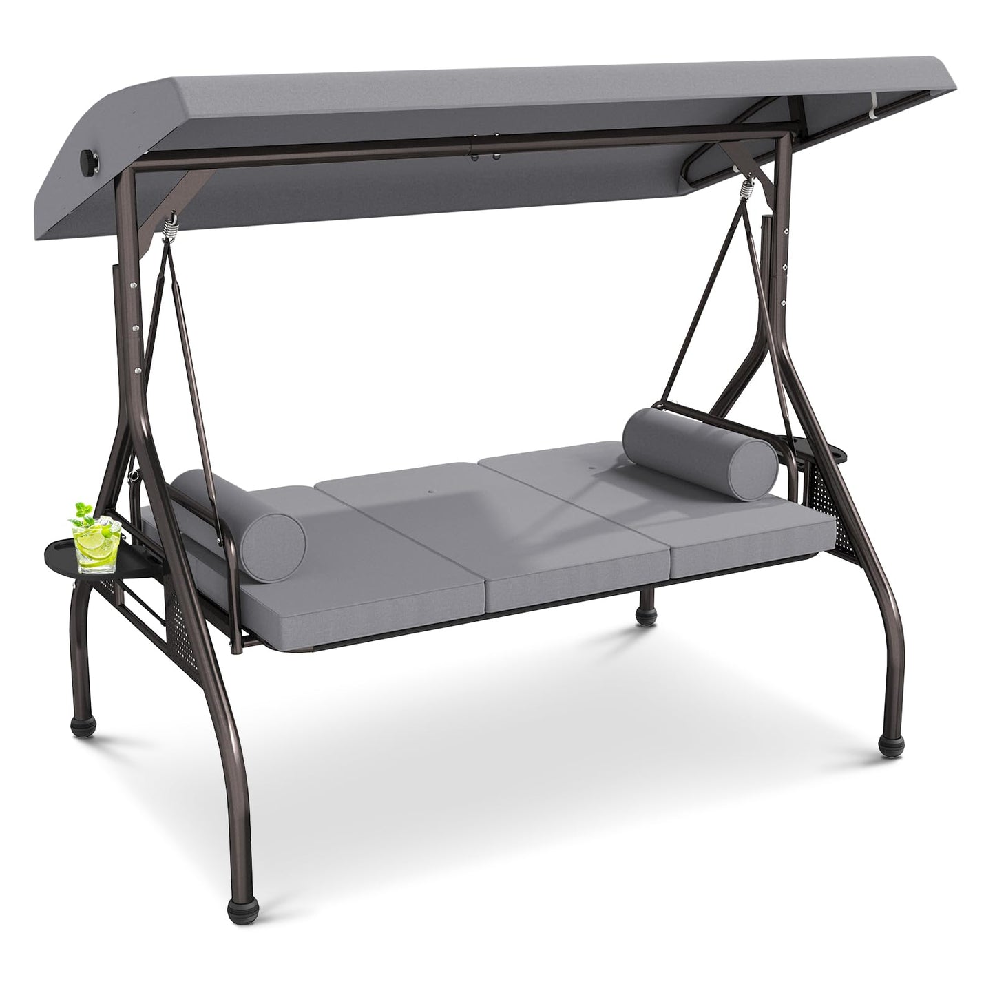 Patiomore 3 Seat Outdoor Porch Swing Chair, Adjustable Canopy Swing Bench, Convertible Backrest Swing Bed with Thicken Cushions, Pillow & Cup Hold (Grey), Gray