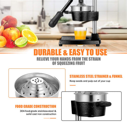 Gowintech Commercial Heavy Duty Cast Iron Hand Press Manual Orange Citrus Lemon Lime Grapefruit Pomegranate Fruit Juice Squeezer Machine with Stainless Steel Cup Black
