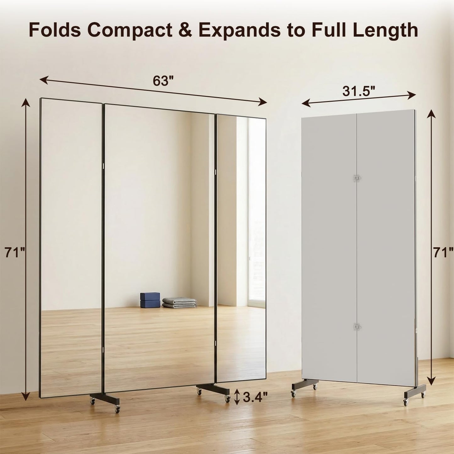 HDmuxel Full Length Mirror with 360° Wheels, 63" x 71" Foldable Floor Mirror with Nano-Tech Shatterproof Film - Ultra-Large Mobile Mirror for Home Gym, Dance Studio & Commercial Spaces (Sliver)
