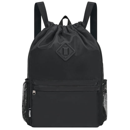 WANDF Drawstring Backpack Sports Gym Bag with Shoes Compartment, Water-Resistant String Backpack Cinch for Women Men (Large,Black)