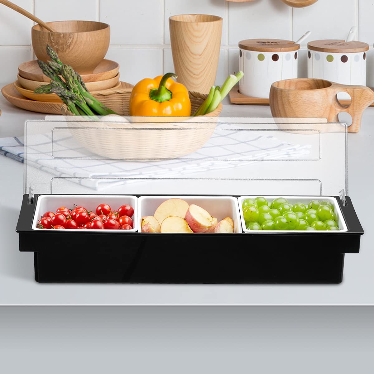 BEYLANG Ice Chilled Serving Tray Condiment Pots 3 Compartment Condiment Server Caddy (3 Compartments)