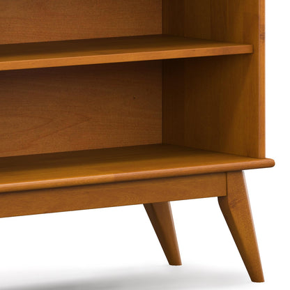 SIMPLIHOME Draper Bookcase - 30 inch Tall Solid Wood Low Bookshelf in Teak Brown, Mid-Century Modern Storage for Living Room, Study Room or Office with Tapered Legs and Wide Open Shelves