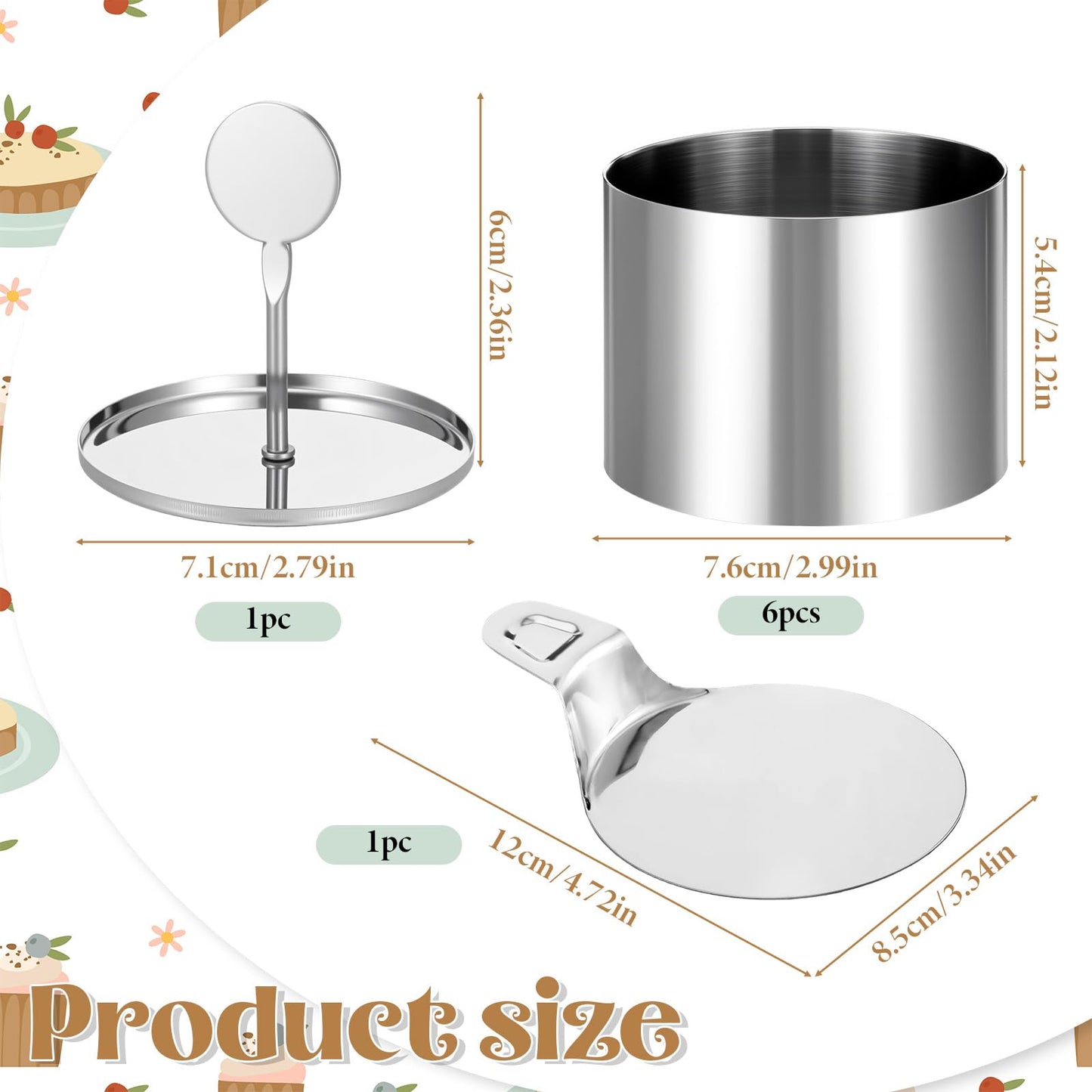 6 Pack Round Cake Ring Molds, Seamless Round Stainless Steel Cake Ring, Mousse Rings 3 Inch Pastry Cutter 3" Crumpet Rings, Stainless Steel Dessert Cooking Molds with Presser & Lifter for Baking