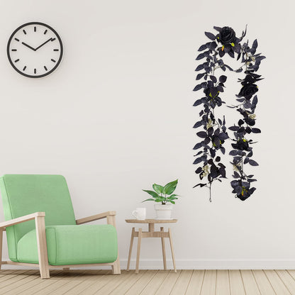 BFYDOAA 180cm Artificial Black Rose Vine Halloween Hanging Rose Flower Garland with Berries for Table Centerpiece,Fireplace Door Frame Backdrop Decor