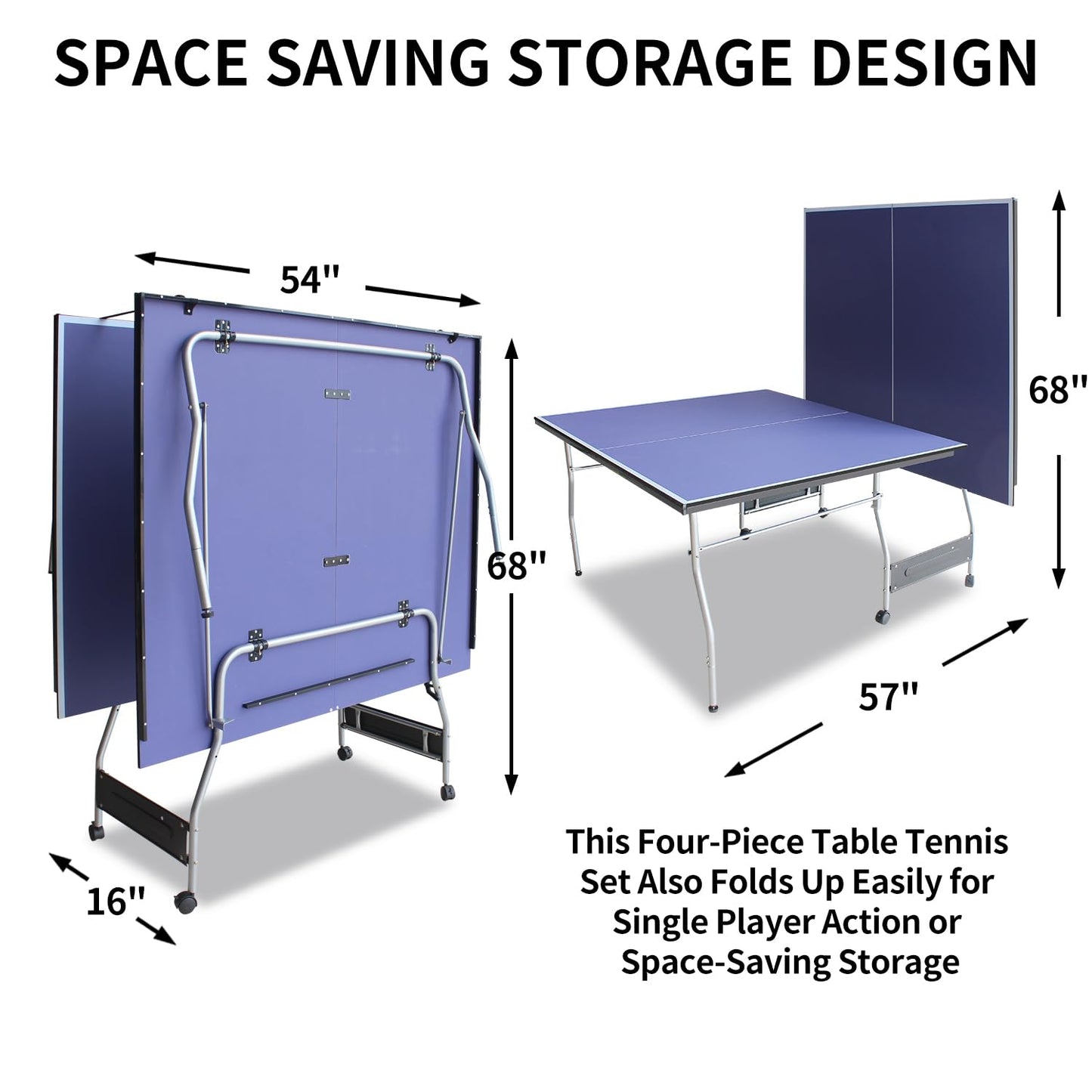 Compact Ping Pong Table, 8ft Mid-Size Indoor/Outdoor Table Tennis Game Set, Foldable, Portable Table Tennis Table with Net, 2 Table Tennis Paddles and 3 Balls, Blue