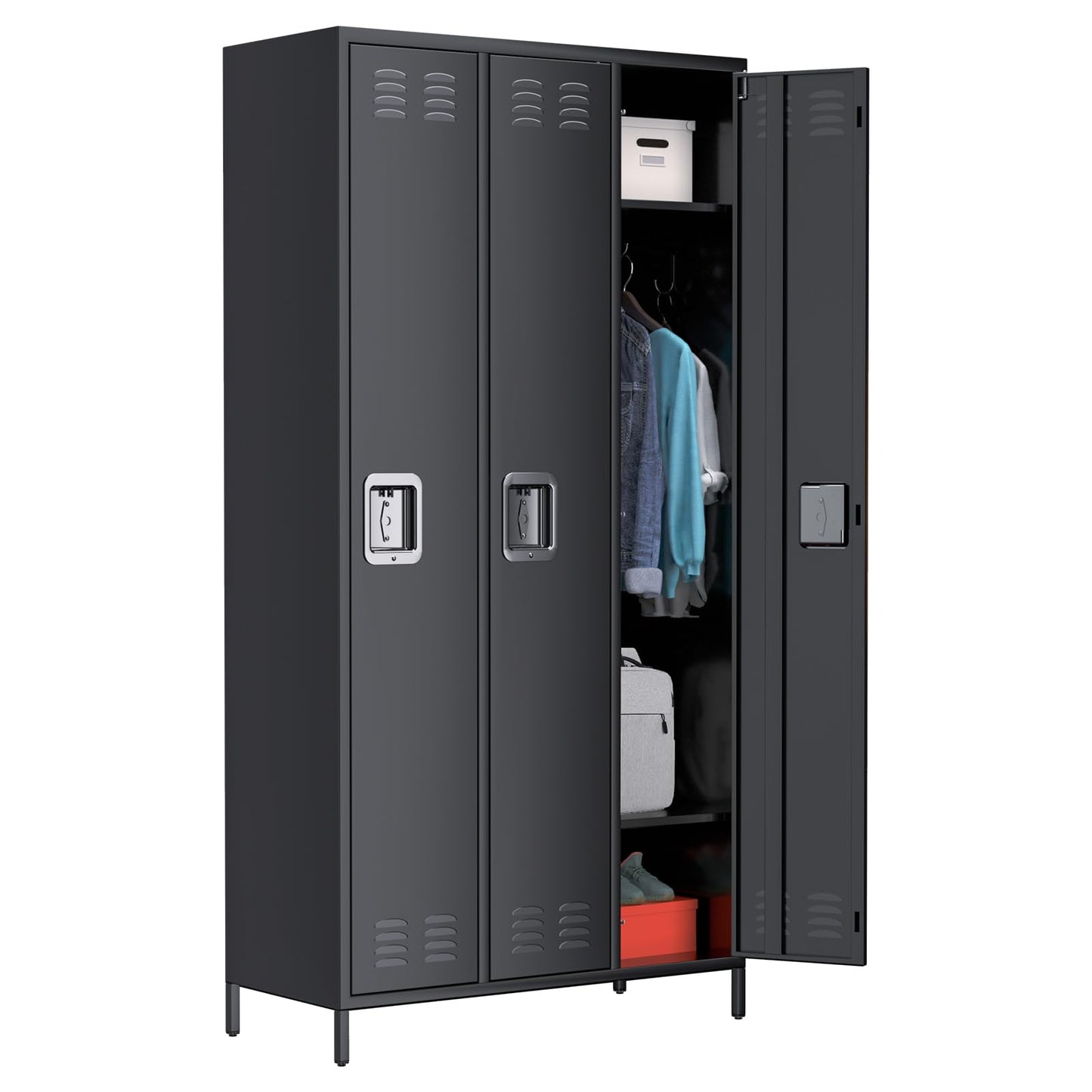 GarveeTech Metal Storage Locker with 3 Doors, Metal Locker for Employees with 9 Hooks for Garage School Office Gym Home, Assembly Required, Black