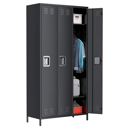 GarveeTech Metal Storage Locker with 3 Doors, Metal Locker for Employees with 9 Hooks for Garage School Office Gym Home, Assembly Required, Black