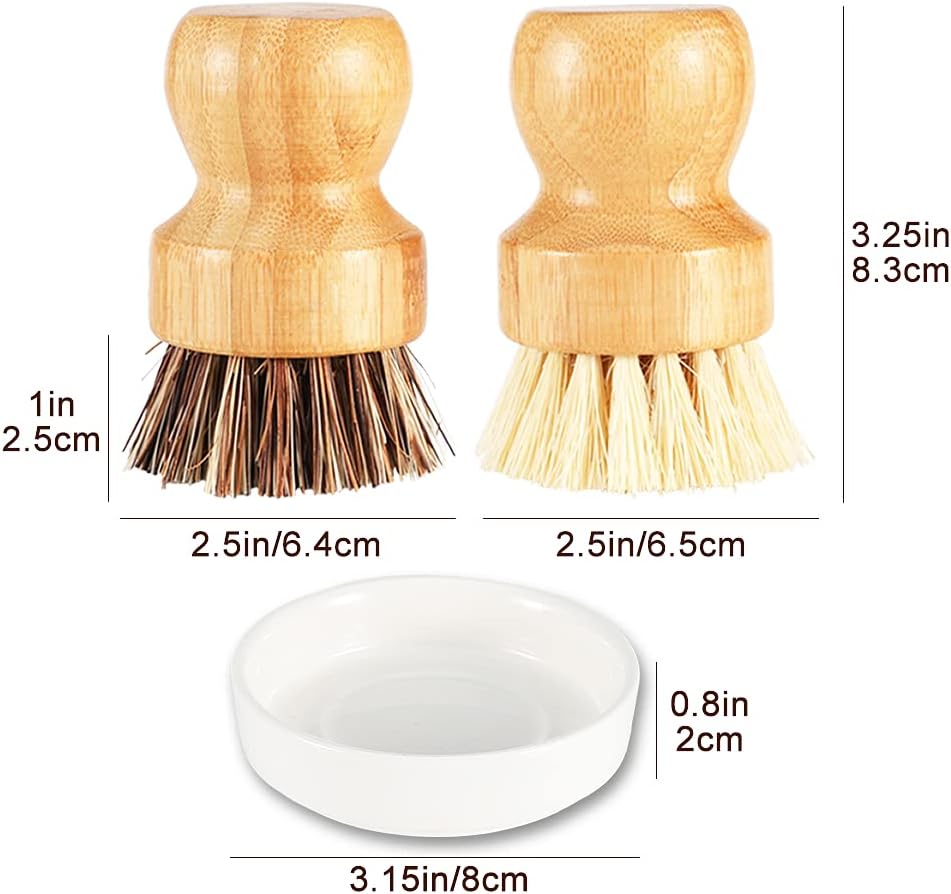 Bamboo Brush Dish Scrubber - Natural Bristles Palm Pot Brush, 2 Pack Round Mini Dish Brush for Kitchen Cleaning