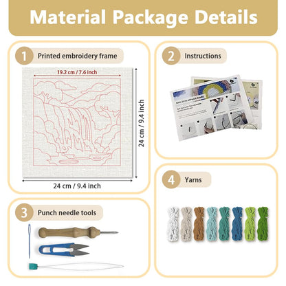 Doodlream Mountain Waterfall Landscape Needle Kit for Beginner, 9.4"x 9.4" Nature Punch Stitching Craft Set, Color DIY Embroidery Starter with Printed Frame, Instruction, Threader, Yarn, Pinch Needle