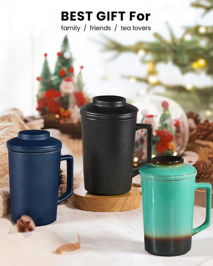 Foinly 15 oz Ceramic Tea Infuser Cup with Lid - Tea Mug with All Porcelain Strainer for Loose Leaf Teas,Microwave and Dishwasher Safe,Metal-Free,BPA-Free for Tea Lovers/Mother's Day (Blue)