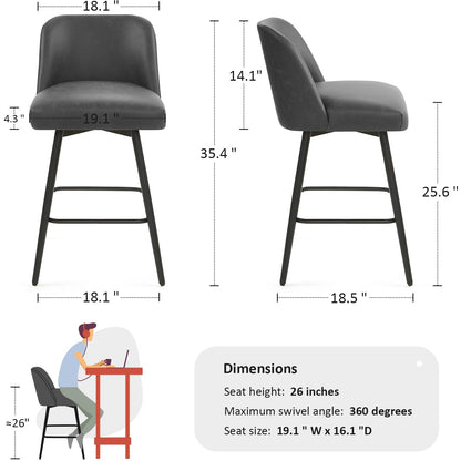 Coolazy Counter Height Bar Stools Set of 4,360° Swivel Faux Leather Barstools with High Back 26" H Seat Height (Faux Leather-Grey, 4 Pieces - 26" Counter Height)