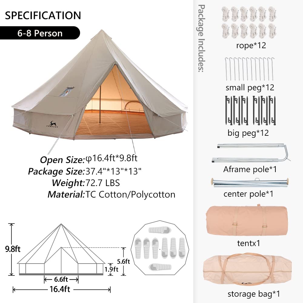 MC TOMOUNT Canvas Tent Bell Tent Yurt with Stove Jack Zipped Removable Floor for Glamping Truck Car Camping