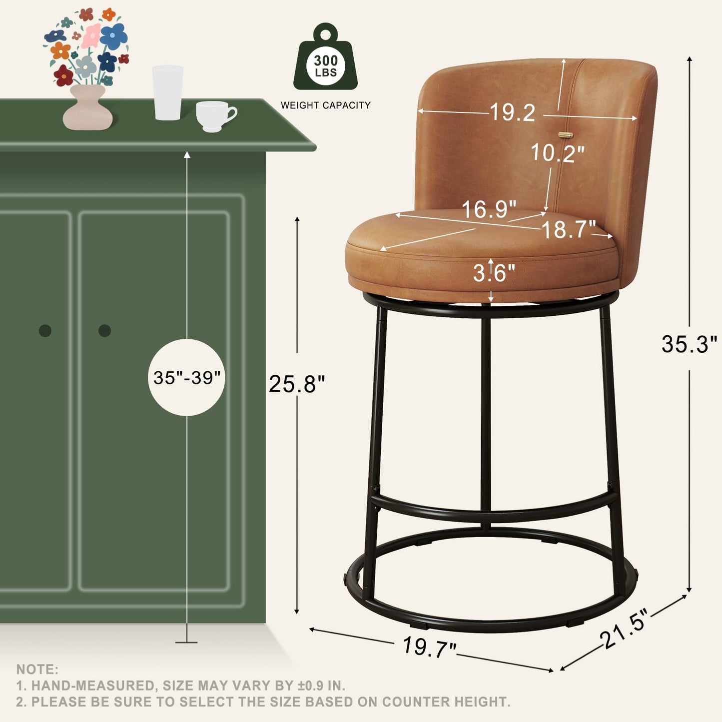 SAECKBERG Swivel Counter Height Bar Stools Set of 4, 26" H Modern Bar Stools for Kitchen Island Counter, Upholstered Barstools with Backs, Counter Height Chairs （Brown, Faux Leather）