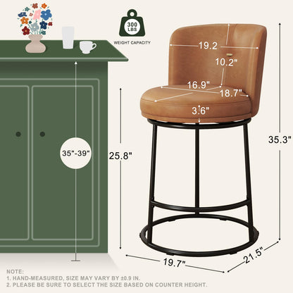 SAECKBERG Swivel Counter Height Bar Stools Set of 4, 26" H Modern Bar Stools for Kitchen Island Counter, Upholstered Barstools with Backs, Counter Height Chairs （Brown, Faux Leather）