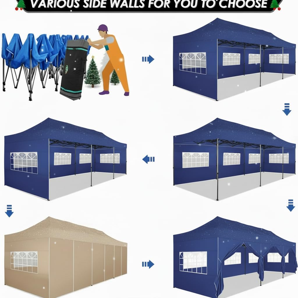 COBIZI 10x30 Pop up Canopy Heavy Duty with 8 Sidewalls,Easy Set-up Commercial Outdoor Party, Foldable UPF 50+ Waterproof Commercial Easy up Canopy with Wheeled Bag, Dark Blue