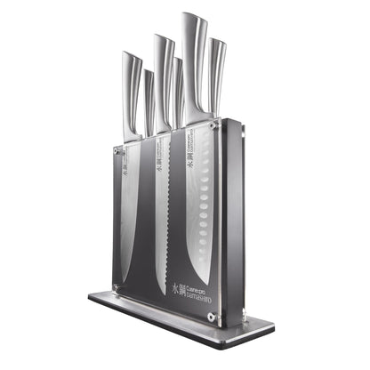 Cuisine::pro Damashiro Knife Block (Kumi, 7-Piece Chef Knife Set) - Japanese Steel Knife - Magnetic Knife Block- Damascus-Inspired Blade Kitchen Knives