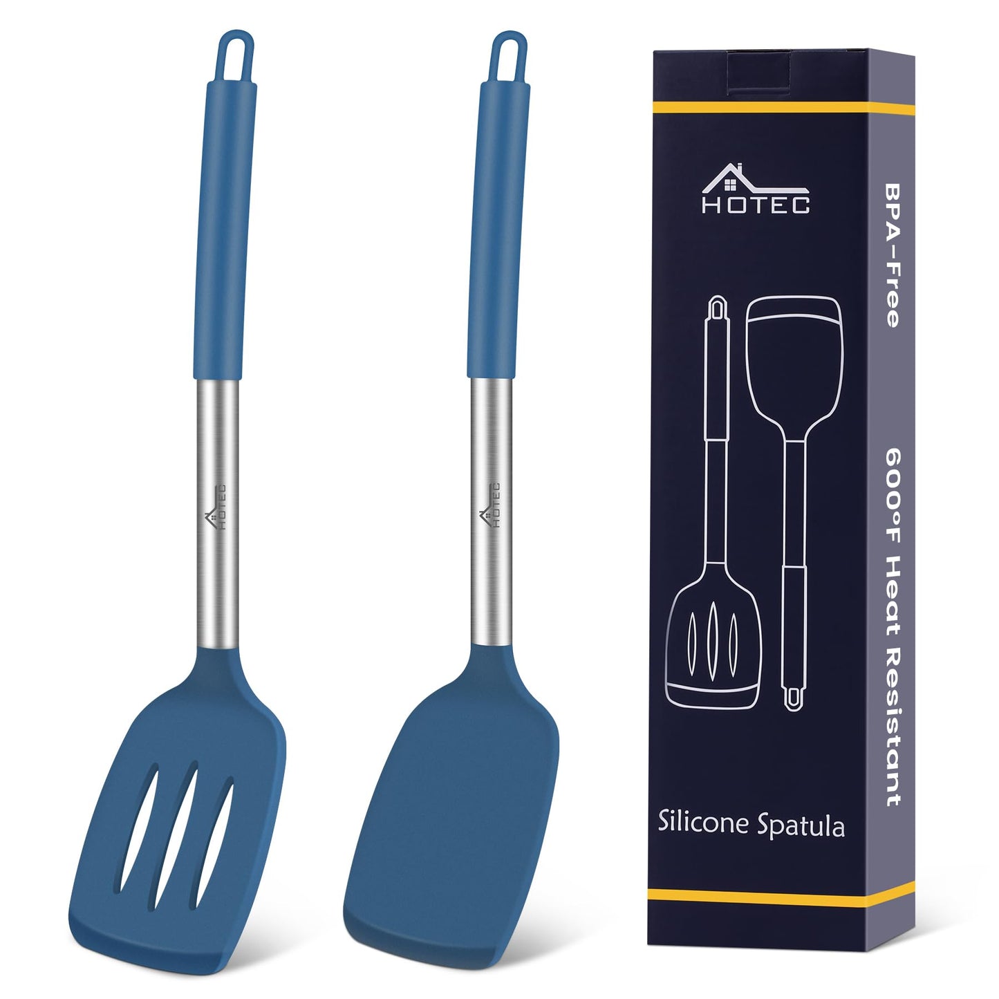 HOTEC Silicone Spatula Set of 2 Heat-Resistant 600°F & BPA-Free Kitchen SaptulaTurner with Stainless Steel Handles, Slotted & Solid Spatulas for Nonstick Cookware, 13.7 Inch, Classic Blue
