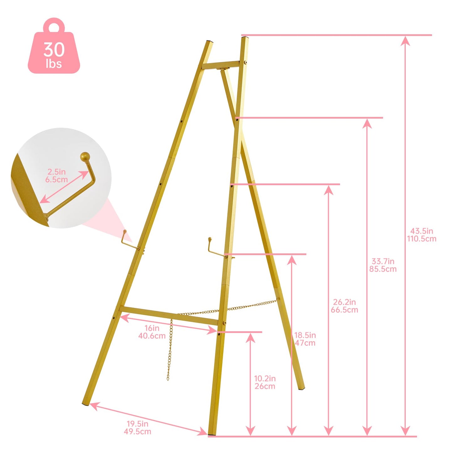 Fatilin 43.5" Gold Easel Stand for Sign, Heavy Duty Easel 4-Tier Adjustable Metal Floor Display Easel for Wedding Signs, Welcome Signs, Posters, Mirrors, Pictures, Art, Parties & Paintings