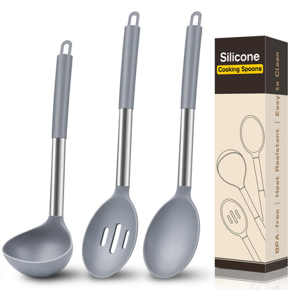 3Pcs Silicone Cooking Spoon Set, Kitchen Utensils Include Solid & Slotted Spoon, Soup Ladle, Food-Grade Heat Resistant 446°F, Non-Scratch Spoons for Serving, Stirring, Draining, Dishwasher Safe, Gray