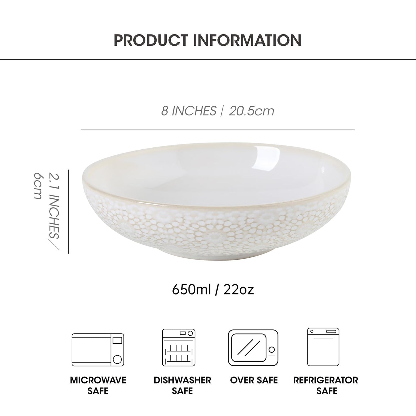 Feenmai 8" Ceramic Pasta Bowls, 22 Oz Serving Bowls Set of 4, Porcelain Shallow Soup Bowl, Embossed Serving Dishes for Pasta, Fruit, Salad, Housewarming Gift, Dishwasher Safe
