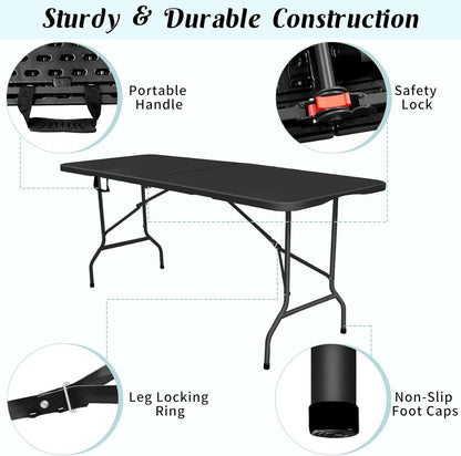 Vampire Killer Folding Table 6ft Foldable Table with Built in Handle & Steel Legs / 6FT Heavy Duty Folding Portable,Perfect for Party, Dining Indoor/Outdoor Events, Tailgating & Backyard BBQ, Black