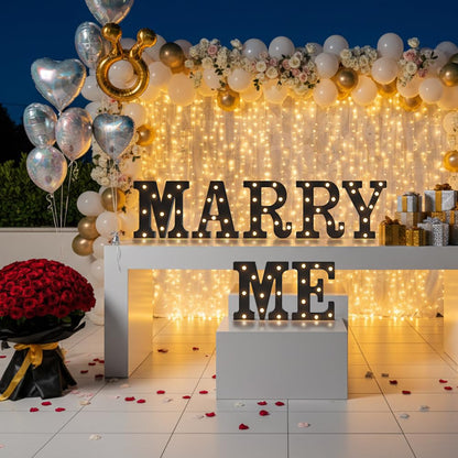 Black Marry Me LED Marquee Sign Light Up Letters, LED Marry Me Sign Marquee Letter Lights, Warm White Letter Light for Wedding Proposal Decoration, Romantic Decorative Letters Signs Battery Operated