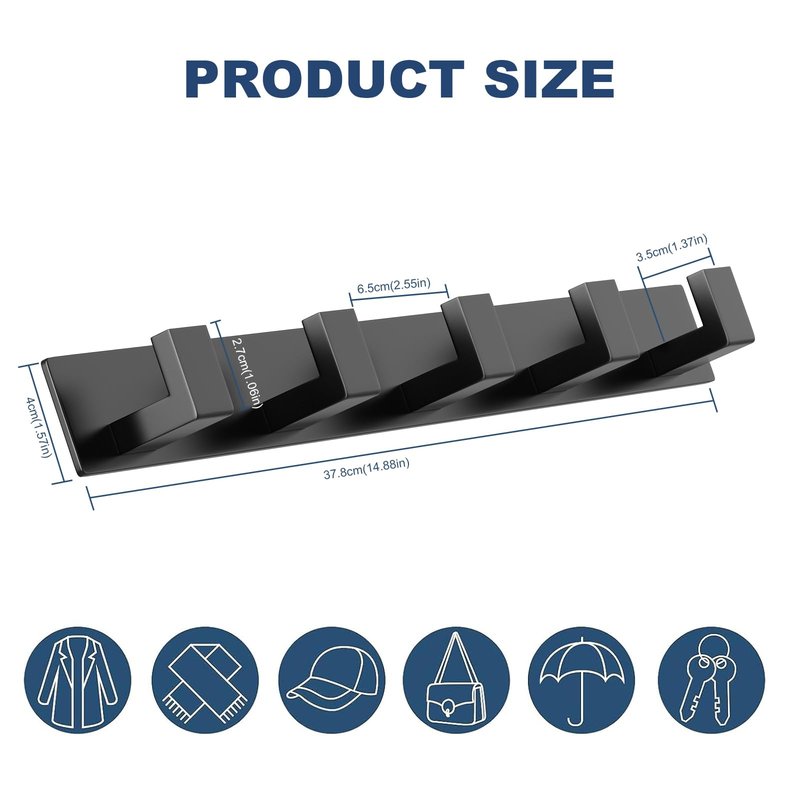 PMMASTO Coat Rack Wall Mount, Coat Hooks Wall Hooks for Hanging, Stainless Steel Coat Hanger Towel Hooks for Bathrooms, Hat Rack (Black 5 Hooks, 1 Pack)