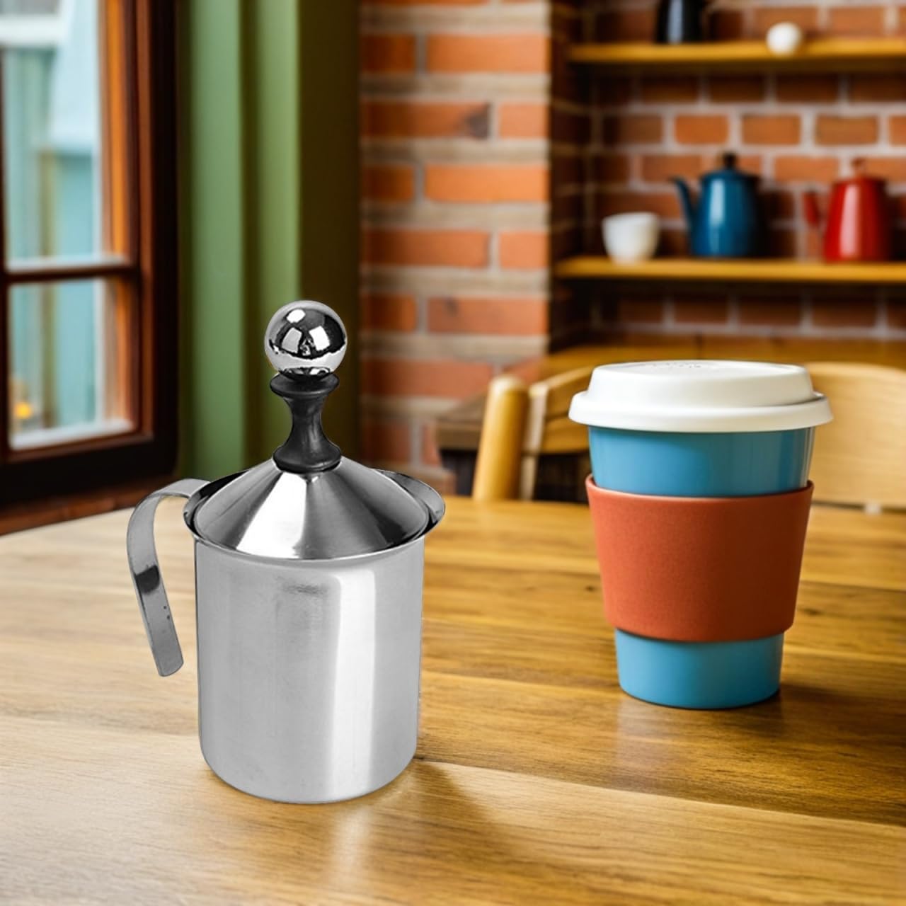 MAGICLULU 13.5Oz Stainless Steel Manual Milk Frother with Double Mesh Whisk for Creamy Milk Foam Handheld Pitcher Ideal for Lattes Cappuccinos and Home Coffee Brewing